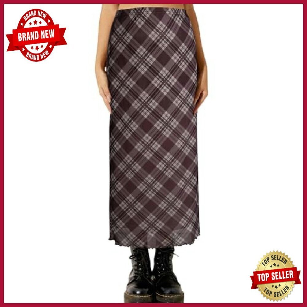 High Waisted Midi Skirt Mesh Flowy Plaid X-Large - Picture 4 of 8